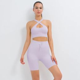 Dress 1/2pcs Solid Color Breathable Yoga Set Sexy Beauty Back Shaping Fiess Set Cross Shoulder Strap Bra Top Shorts Stretch Gym Set