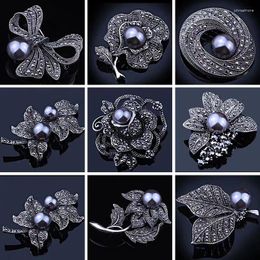 Brooches Vintage Black Pearl Crystal Flower Brooch Rosette Pins For Women Elegant Wedding Jewellery Dress Corsage 2023