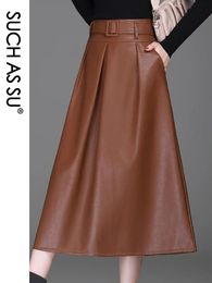 Dresses Y2k Autumn Winter New Ladies Black Brown Red Skirts Pockets Pleated High Waist Female 2021 Pu Leather Size Women Skirts