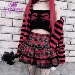 Sweaters Japanese Haruku Style Girls Cute Lace Red Plaided Skirt Gothic Sweet Lolita Cake Mini Skirts Ball Gown Punk Chic Streetwear