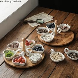 Dishes Plates Home Ceramics Dried Fruit Plate White Apple heart shaped small Fish Five Grid Snack Bowl Platter Rotatable Wooden Base 231218