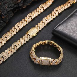 15mm Men CZ Cubic Zirconia Flip Button Hip Hop Jewellery Shiny Iced Out Two Tone Prong Rhombus Cuban Link Chain Necklace