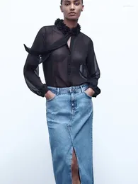 Women's Polos 2023 Fashion Style Versatile Translucent Sexy Black Long Sleeve Shirt