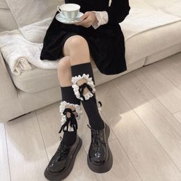 Women Socks 2023 Japanese Kawaii Knitted Leg Warmer Jk Lolita Harajuku Long Cable Bow Hollow Out Y2k Botas De Mujer