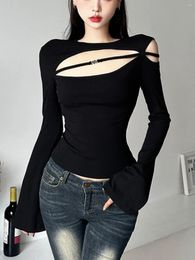 Women's T Shirts Long Sleeve Hollow Out Shoulder-Baring T-shirt Sexy Tight Slim Looking Short Inner Wear Top Solid Color Flare Underwear