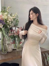 Casual Dresses Sweet Girl Long-sleeved Dress For Women In Autumn Pure Sexy Tight Fitting Off The Shoulder Mid-length Female Clothes