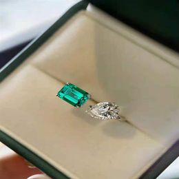 Ins Simple Fashion Jewellery Wedding Rings 925 Sterling Silver Water Drop Emerald CZ Diamond Gemstones Party Eternity Women Open Adj249W