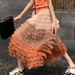 Dresses High Quality Cascading Ruffles Tulle Tiered Puffy Long Skirts Women Hit Colour Elastic Waist Mesh Fold Pleated Tutu Sweet Skirt