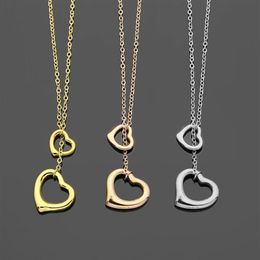 New Gold Silver Rose gold Branded Women T Letter style Stainless Double Heart charms pendants necklace 1pcs drop 263h