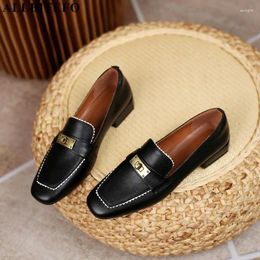 Dress Shoes ALLBITEFO Size 34-40 Gold Metal Design Fashion Comfortable Soft Genuine Leather Street Loafers Low Heel Women Heels