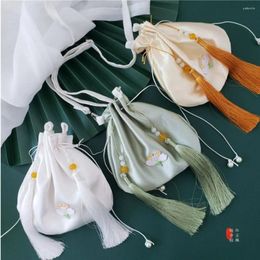Waist Bags Chinese Style Silk Embroidery Tassel Drawstrings Handbag Women Retro Shoulder Crossbody Flower Bucket Bag Hanfu Accessories