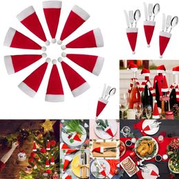 New Christmas Toy Supplies 10pcs Mini Christmas Hat Tableware Cutlery Bags Xmas Pocket Knife Fork Holders Wine Bottle Cover Dinnerware Decor for Home Party