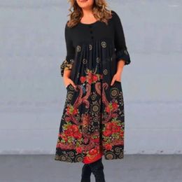 Casual Dresses Women Round Neck Dress Retro Print Long Sleeve Ethnic A-line Midi With High Waist For Fall Spring