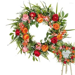 Decorative Flowers Peony Wreaths For Front Door Decoration Artificial Flower Wreath 45cm/17.7inch Garland With Green Leaves Colourful