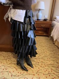 Skirts Lautaro Spring Autumn Black Pu Leather Midi Tiered Skirt Women with Elastic High Waist Long Elegant Luxury Designer Clothes 2023 231218