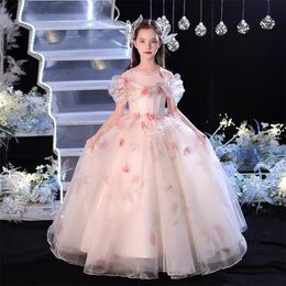 2024 Cute Girl Pageant Dresses Jewel Neck off shoulder 3D Floral Appliqued Beaded Flower Girl dress for wedding Short Sleeves princess ball gown Birthday party Gowns