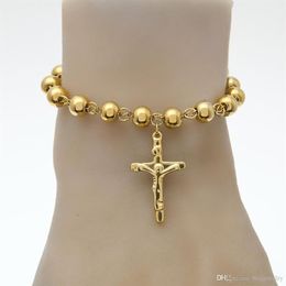 Hip Hop Jewelry 14K Gold Plated Rosary Bead Bracelet Stainless Steel Cross with Jesus Charms Pendant Link Chain Religion Female Pu268U