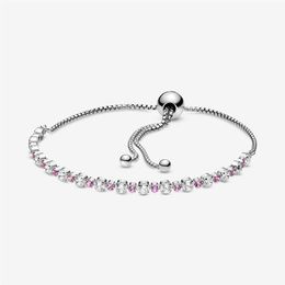 New Arrival Pink & Clear Sparkle Slider Bracelet 925-Sterling-Silver Adjustable Cubic Zirconia Bracelet for Women Luxury Jewelry213Y
