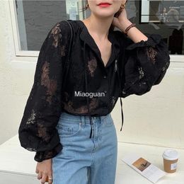 Women's Blouses Elegant Hook Hollow Flower Blouse With Lace Casual Lantern Long Sleeve Loose Sexy Shirt Spring Fashion Lace-up Black Tops