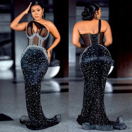 Luxurious One Shoulder Prom Dresses Sparkling Gala Crystals Rehinestones Mermaid Evening Formal Dress for African Arabic Black Women Second Reception Gowns NL026