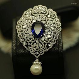 Brooches Exquisite Shining Full Zircon Blue Gemstone Drop Shape Brooch Women's Dress Pin Girls Dinner Party Jewelry Accessories