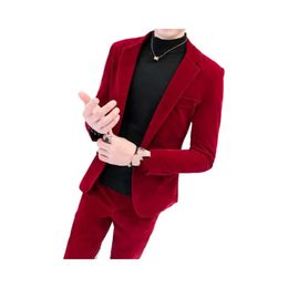 Men's Suits Blazers Elegant Wine Red Suits Velvet Luxury Suits for Groom Wedding Velour Suits Gentlemen Dress Flannel Green Burgundy l