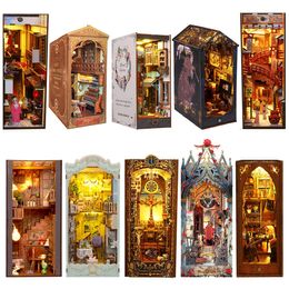 Tea Pets DIY Wooden Book Nook 3D Puzzle Miniature Doll House Kit With Touch Light World Bookshelf Assembly Bookend Eternal Bookstore 2023 231218