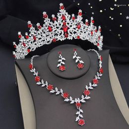 Necklace Earrings Set Silver Colors Red Crown With Tiaras Flower Designs Paved Shining Sets For Bridal Wedding