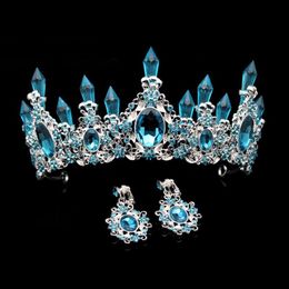 Fashion Beauty Sky Blue Crystal Wedding Crown And Tiara Large Rhinestone Queen Pageant Crowns Headband For Bride Hair Accessory Y2205Y
