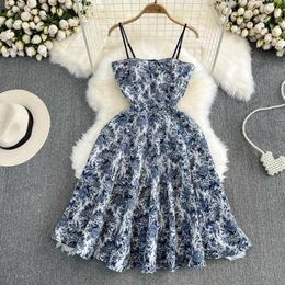 Casual Dresses Foamlina High Quality Summer Women Vintage Print Dress Sexy Spaghetti Strap Sleeveless Waist Slim Big Swing Party Vestidos