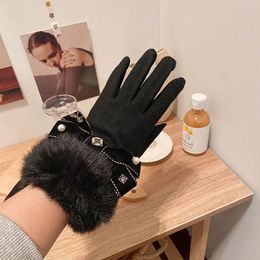 Five Fingers Gloves Cashmere Rabbit Hair Mouth Bow Korean Fashion Woolen Cloth Warmth Riding Touch Screen A432 231216