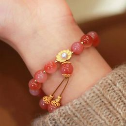 Bangle Natural Yanyuan Candy Color Agate Beaded Bracelet Women Healing Gemstone 925 Silver Gold Plated Lotus Pendant Prayer Jewelry