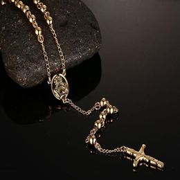 Fashion Long rosary beads chain Men's charm Jesus Necklace & pendants stainless steel men's jewelry Silver Gold Rose Gol159e