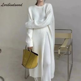 Basic Casual Dresses Autumn Winter Style Loose and Lazy Hedging Side Slit Over The Knee Long Knitted Sweater Dress Women 231218