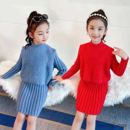 Girl's Dresses Girl Knitted Suits Kids Vest + Knitting Dress 2piece Set Children Mink Fleece Outfits Baby Warm Clothing Spring Autumn