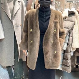 Women's Fur Faux Coat Winter Double Breasted Jacket Women Elegant Thick Warm V-neck Outerwear Streetwear Imitation Mink Fleece
