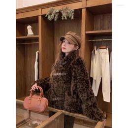 Women's Jackets Sweet Girl Vintage Leopard Pattern Fur Coat Winter Stand Collar Loose Long-sleeved Jacket Fashion Female Clothes