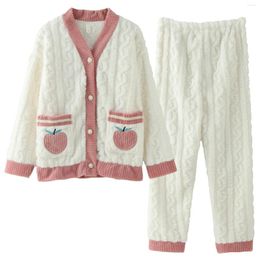 Women's Sleepwear Womens Pajamas Set Cardigan Fleece Coral Flannel Pajama Pants Thickened Homewear Autumn Thicken Warm Oversized Streetwear