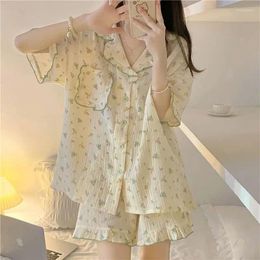 Women's Sleepwear Cute Floral Set Woman 2 Pieces Pajamas Summer Ruffled Short-sleeved Home Clothes Sets In Hearts Elegant