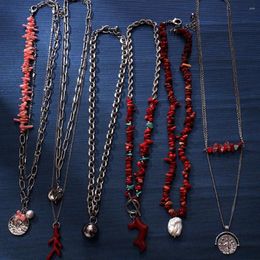 Chains Irregular Red Stones Necklaces Silver Chain Boho Gravel Colourful Beads Choker Ethnic Splice Clavicle Christmas Gift For Women