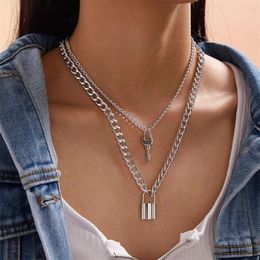 Chokers 2021 Fashion Punk Double Chain Golden Lock Key Pendant Statement Choker Necklace For Women Girl Bridal Party Jewellery Gift2741