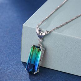 Cute Female Blue Green Rainbow Stone Necklace Square Gemoetric Pendant Necklace Rose Gold Color Wedding Necklaces For Women230y