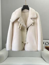 Women's Fur Haining Integrated Motorcycle Jacket With Slimming Lamb Hair And Genuine Leather For Short Sheep Cut Velvet