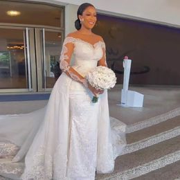 Luxury White Detachable Train Mermaid Wedding Dresses 2024 Sheer Neck Long Sleeves Lace Appliques Bride Gowns Vestidos