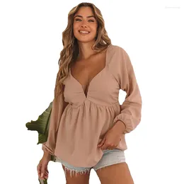 Women's Polos Sexy Loose V-Neck Long Sleeve Shirt For Women 2023 Autumn Solid Colour Pleated Design Pullover