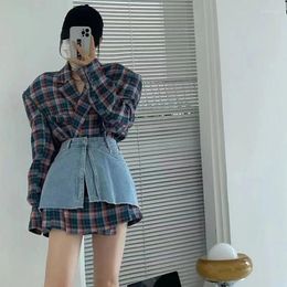 Work Dresses Harajpee Retro Denim Suits 2023 Early Autumn Hong Kong Chic Fashion High Street Chequered Shirt Playful Lively Two Piece Sets