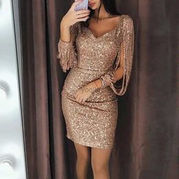Basic Casual Dresses Women's Sparkly Sequin Short Evening Dress V Neck Chic Tassel Long Sleeve Solid Silver Female Wedding Sexy FashionL231218