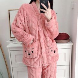 Women's Sleepwear Cute Women Pyjamas Set Winter Fleece 2 Piece Pant Pocket Home Suit Fluffy Piiama Warm Button Fashion Night Wear 2023