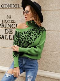 Cover-up Fashion Tops 2023 Women Women Wild Off Shoulder Knitted Sweaters High Collar Leopard Printed Long Sleeve Korean Fashion Pullover