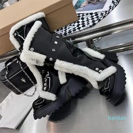 Fashion Designer Wool Boots Women Thick Bottom Mixed Colour Lace Up Winter Warm Snow Booties Leather Chelsea